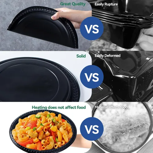 Vista 4 de Paquete de 150 platos desechables negros de 10 pulgadas, envoltura retráctil, listos para usar BPA Free Mineral-PP Microwave Safe Plastic Heavy