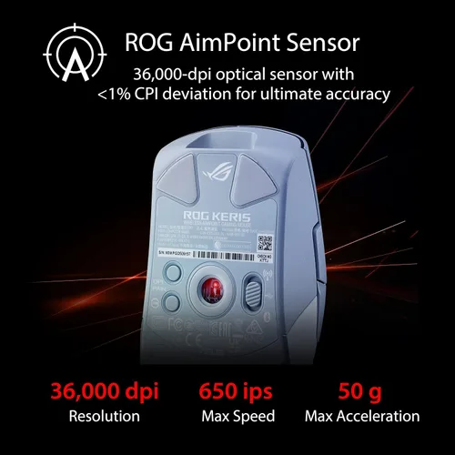 Vista 3 de ASUS ROG Keris Mouse inalámbrico AimPoint para juegos, conectividad trimodo, sensor de 36000 DPI y alfombrilla de mouse ROG Hone Ace Aim Lab Edition