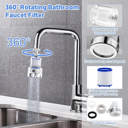 Vista 2 de Paquete de 3 grifos de filtro de agua para fregadero, filtro giratorio de 360° para fregadero de baño y cocina, 3 modos de filtro de grifo de baño