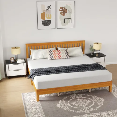 Vista 10 de PayLessHere Marco de cama de plataforma de madera, tamaño individual, marco de cama de madera maciza con cabecero, soporte de listones de madera,