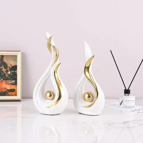 Vista 5 de Juego de 2 esculturas abstractas de cerámica con llamas, figuras modernas para centro de mesa de sala de estar, decoración de mesa de comedor, Oro