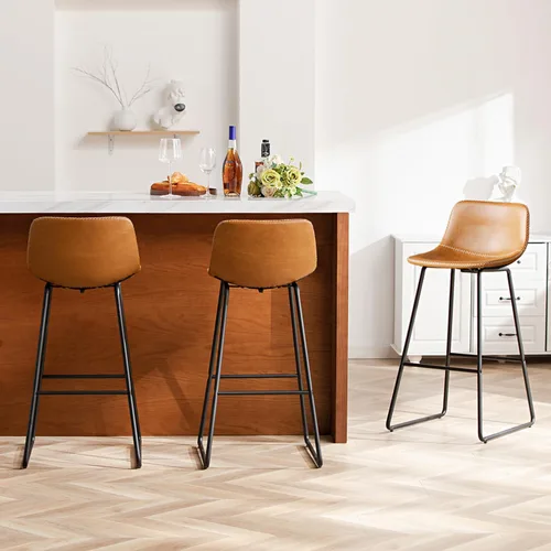Vista 23 de HeuGah Juego de 2 taburetes de bar de piel sintética, sillas de comedor con patas de metal y respaldo suave, fáciles de montar