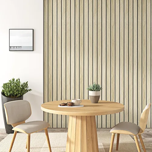 Vista 5 de Wallercity Paneles acústicos de listones de madera marrón claro para decoración elegante, reducción de ruido, paneles de grano de madera con textura