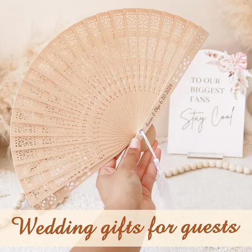 Vista 6 de Abanicos de boda personalizados para invitados, ventilador personalizado a granel de madera plegable grabado a mano nombre/fecha para boda, baby