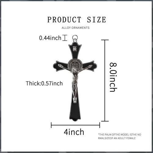Vista 2 de Crucifijo de metal esmaltado de 8 pulgadas con cruz católica INRI para pared, decoración artística para dar bendición y lo sagrado espiritual: Negro