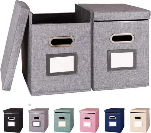 Vista 12 de Paquete de 2 Organizador de Carpetas de Archivos Colgantes con Tapa, Caja de Almacenamiento de Archivos de Tela Tamaño Carta Plegable, Soporte