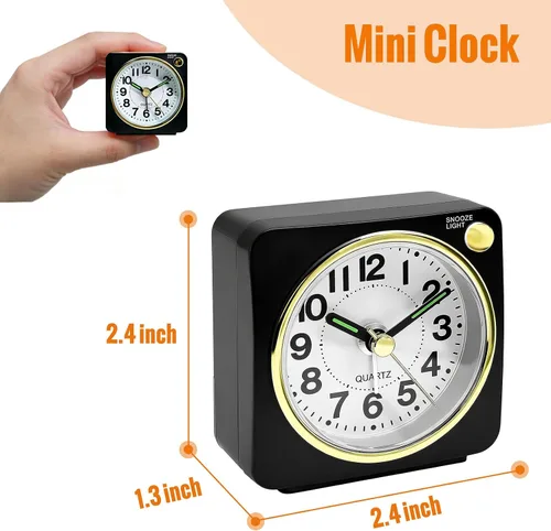Vista 2 de Lamisola Mini reloj despertador de viaje, reloj despertador analógico de batería pequeña, relojes de mesita de noche para dormitorios, decoración