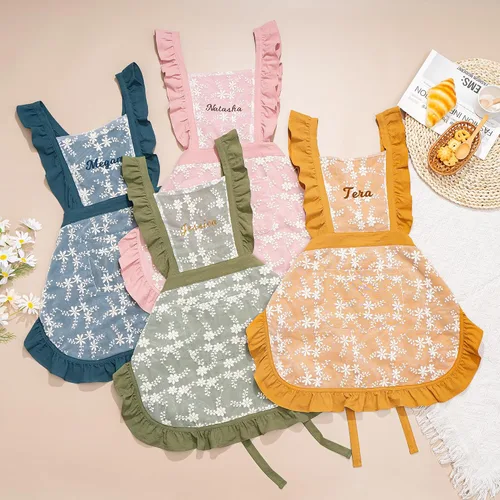Vista 6 de Delantal vintage para mujer con bolsillos, delantal personalizado con volantes para cocinar, hornear, limpiar, jardinería