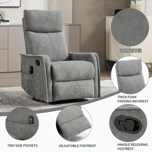 Vista 6 de Silla reclinable giratoria para adultos, masaje y calor, tela, color gris
