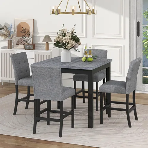 Vista 11 de Juego de mesa de comedor funcional retro de 5 piezas, mesa de comedor redonda extensible de madera y 4 sillas de comedor tapizadas para restaurante