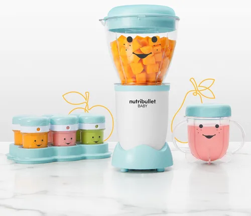 Vista 3 de NutriBullet NBY-50100 Sistema completo de fabricación de alimentos para bebés, 32 onzas, blanco, azul, transparente