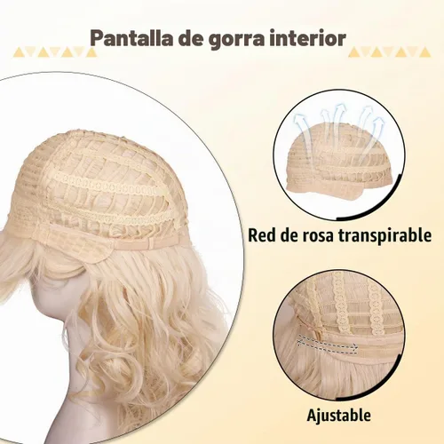 Vista 5 de Peluca rubia larga y rizada con flequillo, peluca de disfraz vintage para mujer Rubio