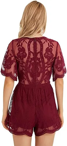 Vista 5 de Mini vestido de encaje de manga corta con cuello en V profundo bordado para mujer