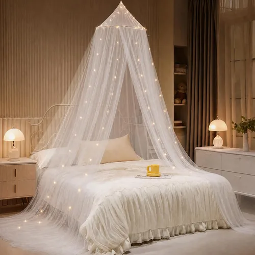 Vista 12 de Dosel de Cama con Luces, Dosel de Cama para Niñas Princesa con Estrellas Luminosas, Cortinas de Cama con Dosel para Camas de Individual a King