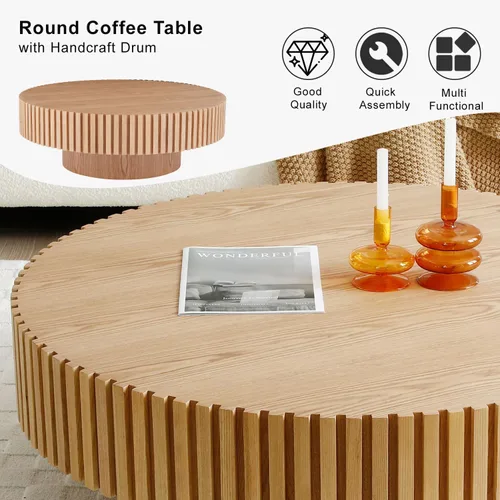 Vista 6 de Mesa de centro redonda acanalada de 31.49 pulgadas para sala de estar, mesa de café moderna de mediados de siglo con pedestal resistente, mesa