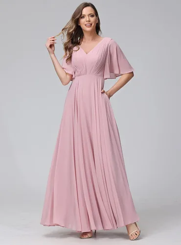 Vista 4 de BEAUTFOR Womens V Neck Batwing Sleeve Ruched Chiffon Bridesmaid Dresses Long Formal Wedding Party Gowns with Pockets BF06