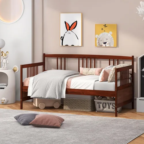 Vista 4 de Giantex - Marco de cama doble de día, sofá cama de madera con rieles y soporte de listones de madera, marco de cama de plataforma tamaño individual