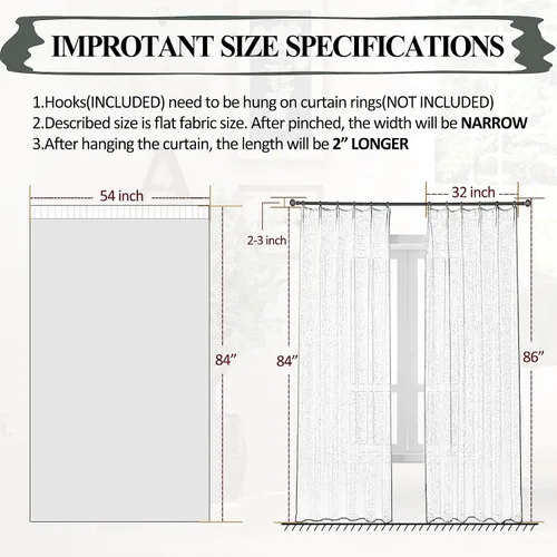 Vista 7 de Cortinas plisadas negras traslúcidas de 84 pulgadas de largo, 2 paneles para dormitorio, lino texturizado, ganchos transparentes para pista