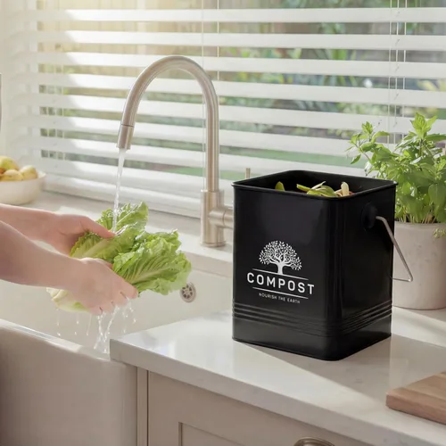 Vista 5 de PERFNIQUE Contenedor de compost de cocina, contenedor de compostaje para encimera de 1.7 galones con tapa, contenedor de compost interior incluye 2
