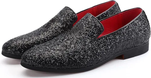 Vista 4 de Haza Pairs Pantuflas brillantes para hombre, con lentejuelas metálicas, con textura, esmoquin con purpurina, mocasines de graduación, zapatos