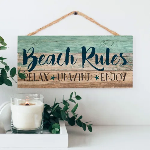 Vista 2 de Beach Rules Relax Unwind Enjoy Weathered - Letrero colgante con diseño de tablones de madera (5 x 10 pulgadas)