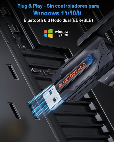 Vista 5 de ZEXMTE Adaptador Bluetooth 6.0 para PC, receptor transmisor Bluetooth USB de doble antena Plug & Play, largo alcance de 656.2 ft/656 pies, chip