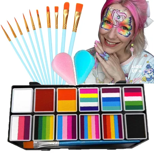Vista 11 de Face Painting Kit, 12 Split Cake Face Paint Palette Makeup Kit Non-Toxic Water Activated with Brush, Sponge for Party Halloween (12 Split Cakes)