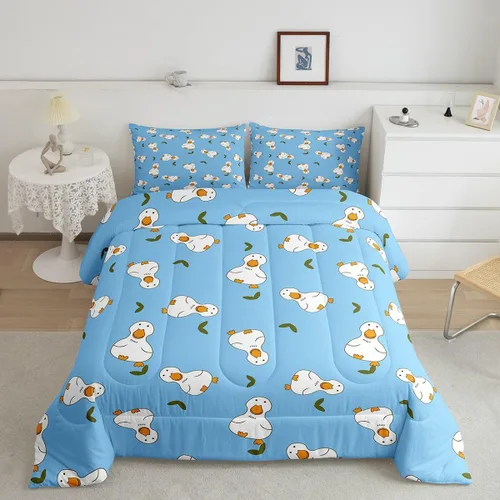 Vista 37 de Erosebridal Juego de ropa de cama a cuadros azul para niños, juego de cama individual con diseño de patos amarillos de dibujos animados, juego