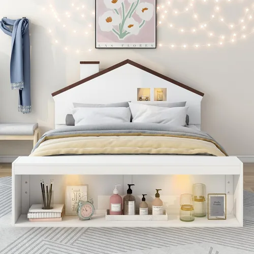 Vista 23 de Cama de plataforma de madera de tamaño individual con cabecera en forma de casa, soporte de listones de madera, para dormitorio de niños, niñas