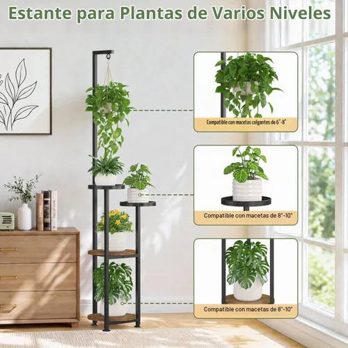 Vista 5 de LASZOLA - Soporte para plantas colgantes para interiores y exteriores, 4 niveles, color negro