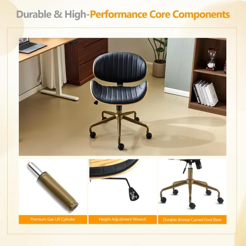Vista 7 de VINGLI Silla giratoria de oficina en casa amplia y cómoda con carcasa curvada de grano de madera, silla de escritorio ergonómica acolchada sin