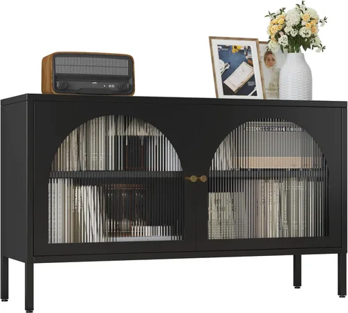 Vista 10 de Gabinete de almacenamiento de metal, soporte de TV de 2 puertas, armario decorativo con puertas y estante ajustable, armario de metal, mesita