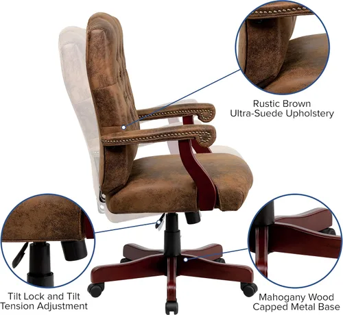 Vista 4 de BizChair Bomber Brown Classic Silla de oficina giratoria ejecutiva con brazos
