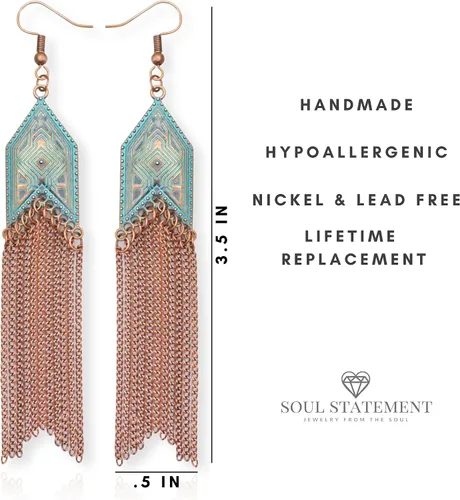 Vista 4 de Western Earring Bundle for Women Boho Turquoise Patina Tassels & Handmade Colorful Bead Dangles for Concerts & Festivals
