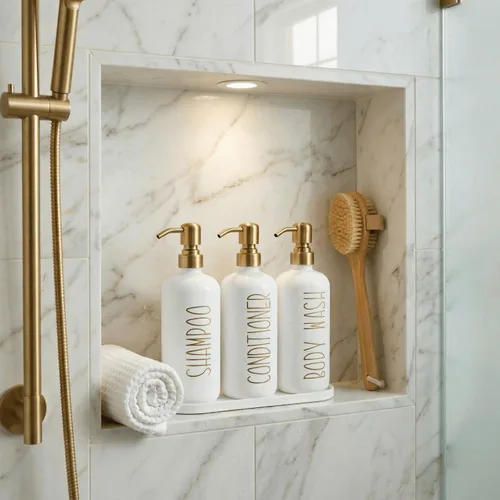 Vista 5 de MOMEEMO Set dispensador de champú y acondicionador con bandeja, dorado Oro blanco