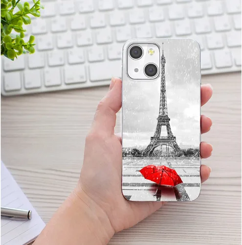 Vista 6 de Funda para iPhone 14/13, funda transparente de TPU suave de ajuste delgado con diseño de paraguas rojo de la torre Eiffel de París, a prueba de Una