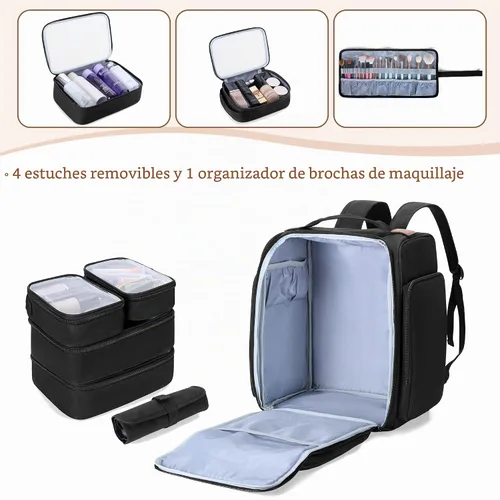 Vista 3 de BAFASO Mochila de maquillaje con 4 bolsas extraíbles y 1 bolsa para cepillos, estuche de maquillaje de viaje con múltiples espacios