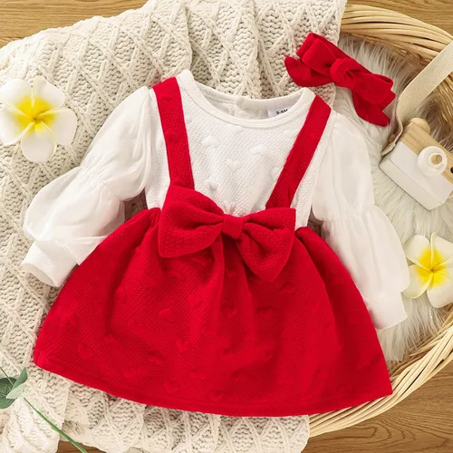 Vista 2 de Camisetas de invierno de manga abombada para niñas pequeñas con lazo y tirantes de dibujos animados 3 6 meses para niñas de verano rojo 2-3 años