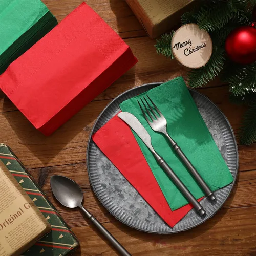 Vista 7 de Teling 50 piezas de servilletas de papel de Navidad desechables, servilletas de Navidad para cena y cóctel, toallas de mano rojas y verdes