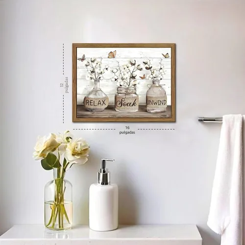 Vista 4 de Decoración de Pared de Baño de Granja, Lienzo de Algodón Rústico Enmarcado, Pintura de Decoración de Pared, Carteles Modernos de Arte de País