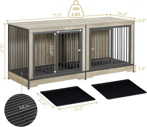 Vista 7 de Rovibek Mueble doble para perros de 75 pulgadas para 2 perros grandes, estilo muebles resistentes, mesa auxiliar para perreras, cajas de madera