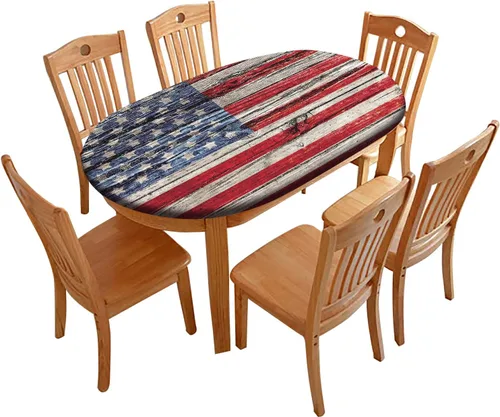 Vista 26 de Mantel de mesa ovalado con bandera estadounidense, mantel con bandera estadounidense sobre madera, cubierta elástica ajustada para el día