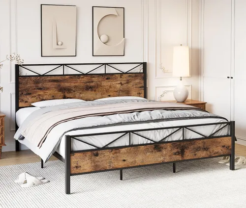 Vista 5 de GAOMON Base de cama tamaño Queen, marco de cama de plataforma de metal con cabecera y estribo de madera rústica vintage, sin ruido, fácil montaje