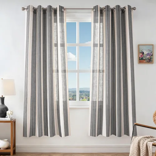 Vista 104 de DriftAway Cortinas de estilo granja con rayas verticales de lino mezclado texturizado con filtro de luz semitransparente para sala de estar