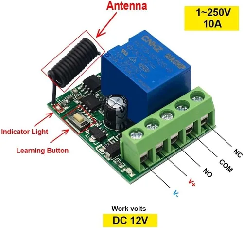 Vista 3 de QIACHIP Interruptor de control remoto inalámbrico universal de 433 MHz, CC 12 V, 1 canal, módulo receptor de relé, transmisor RF, palanca momentánea