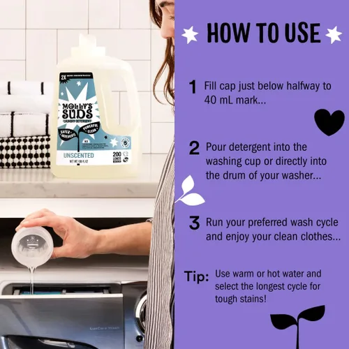 Vista 5 de Molly's Suds Detergente líquido para ropa Jabón detergente limpio para ropa para pieles sensibles 2 veces concentrado, de alta eficiencia (HE)