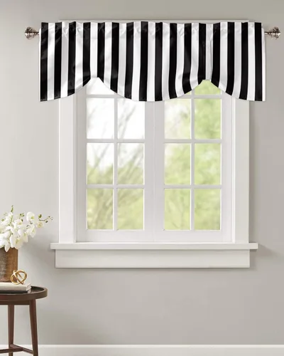Vista 2 de Cortinas de cenefa con amarre para ventanas, cenefa corta, cortinas de ventana pequeña, baño, sala de estar y cocina, rayas blancas y negras de 60 x