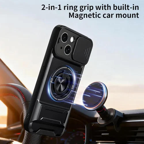 Vista 2 de Dssairo Funda para iPhone 15 con anillo magnético de rotación de 360° compatible con carcasa MagSafe Slide para cámara, soporte plegable, funda Negro