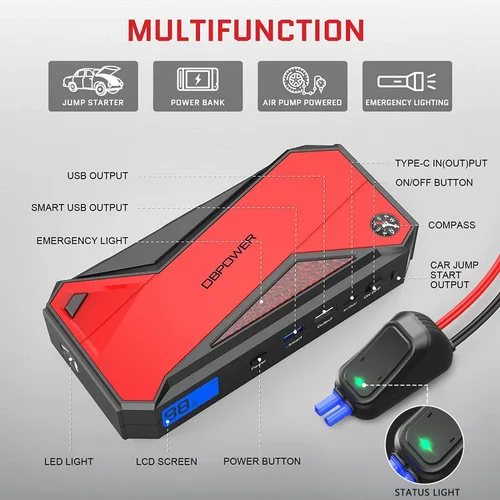 Vista 5 de DBPOWER Arrancador de coche portátil Peak 1600A 18000mAh (hasta 7.2 gasolina, motores diésel de 5.5L) con puerto de carga inteligente, pantalla LCD
