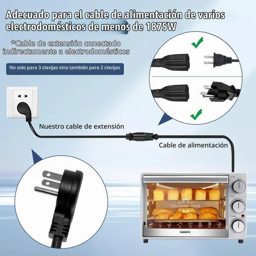 Vista 5 de Cable de extensión corto de 1875W, cable de alimentación de perfil bajo de 15A 16AWG de alta resistencia con enchufe plano de 3 puntas, cable